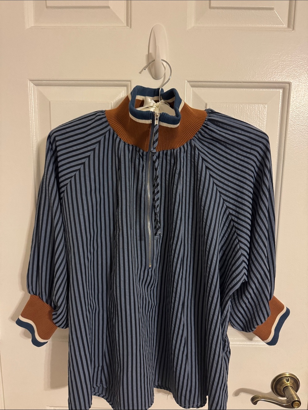 Blue Striped Half-Zip Shirt with Brown Trim - Picture 7 of 10